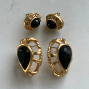 Vintage Pierced Earrings (Two Pairs) Gold Tone w Black Glass Stones Sz OS